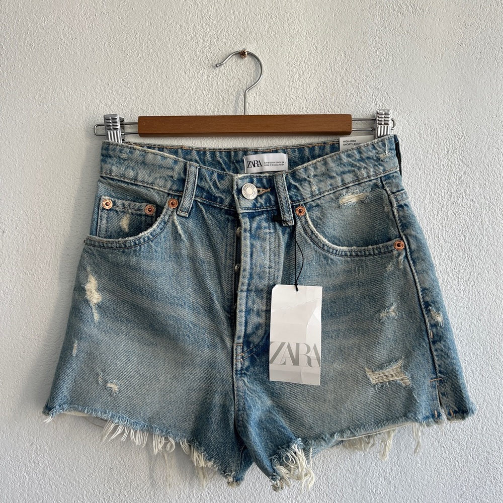 Zara Blue Jean Shorts with Distressed Frayed Hem